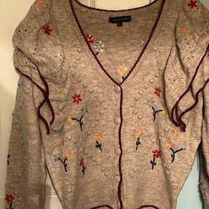 NWOT Embroidered Flower cardigan ruffled shoulders